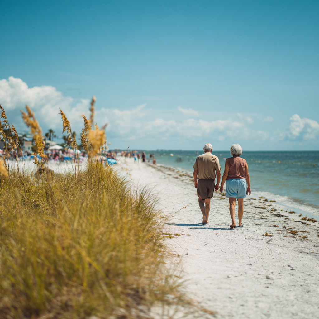 Happy retired couple enjoying a walk on the beach together