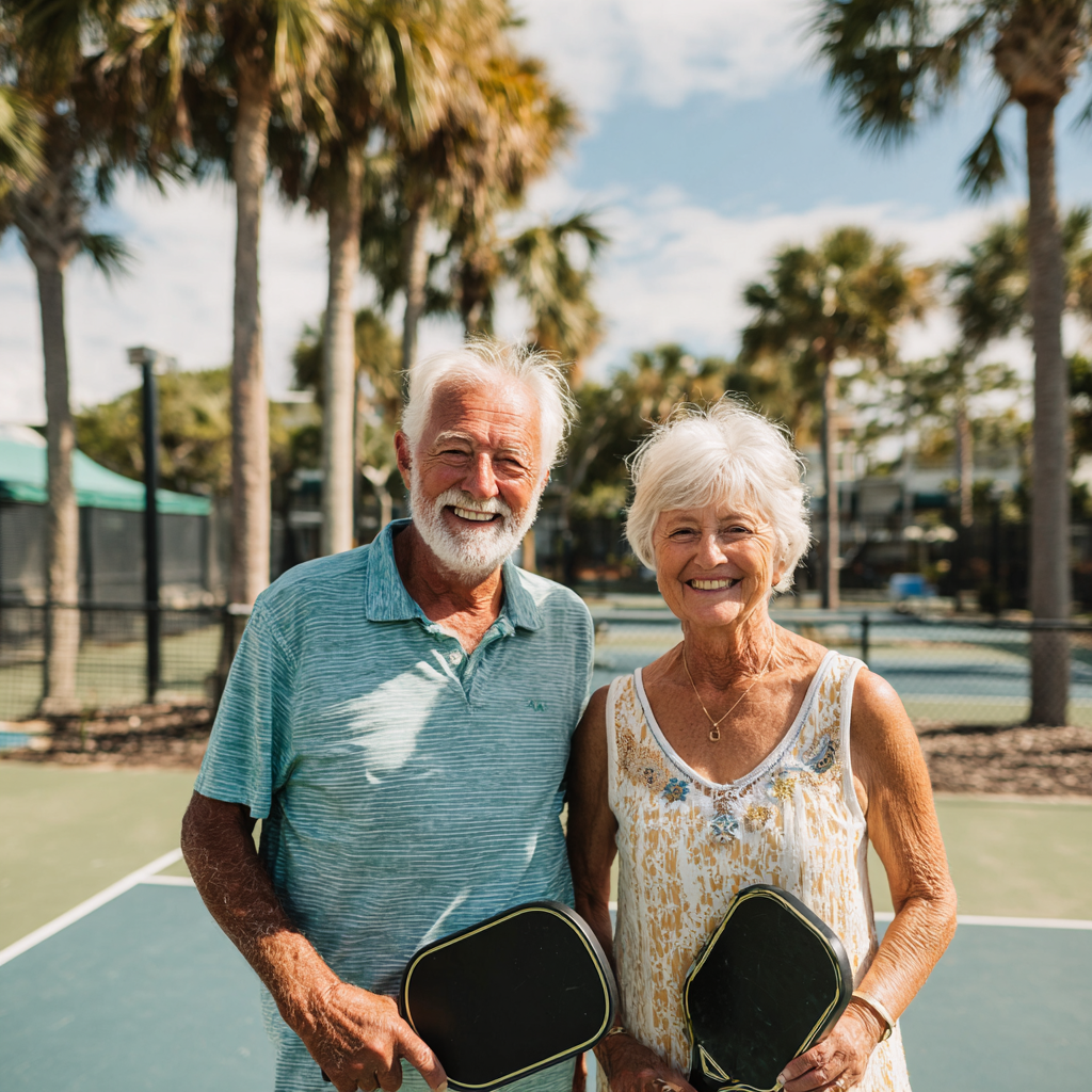 Active retired couple playing pickleball together