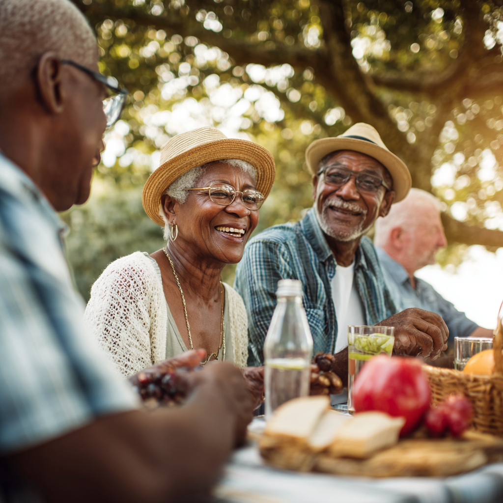 Retired friends enjoying a picnic together